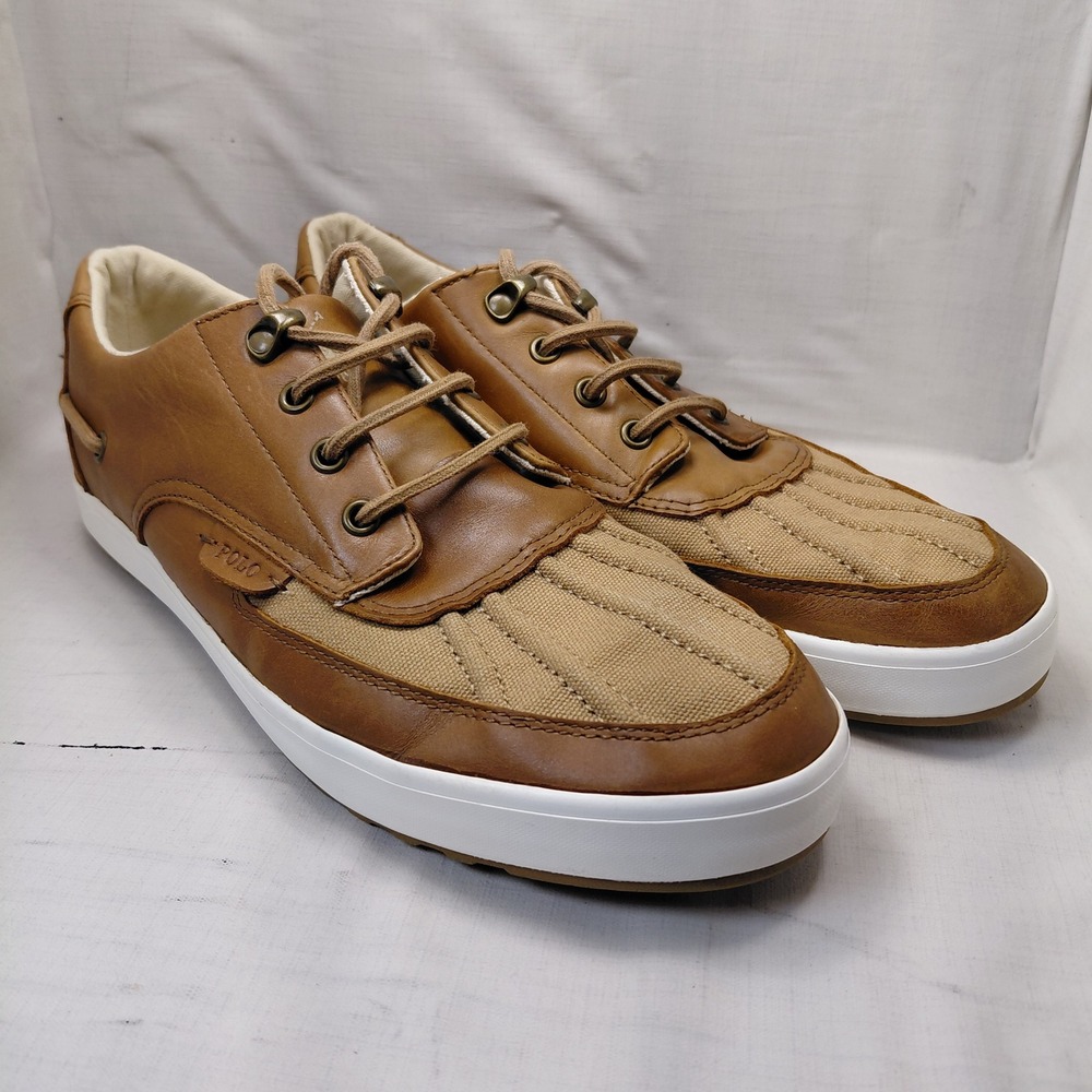 Polo Ralph Lauren Ramiro Mens 10D Brown Leather Canvas Quilted Duck Sneakers